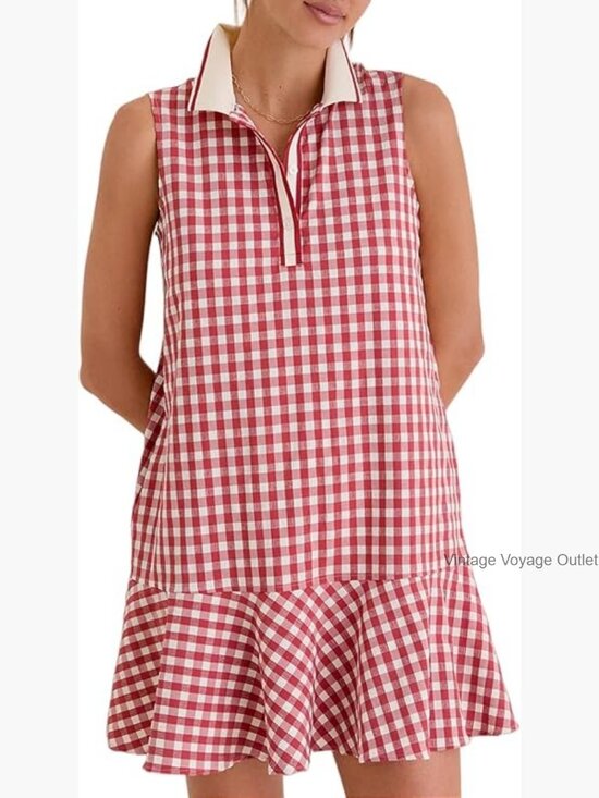 Dresses & Skirts - Women's Gingham Polo Dress V Neck Sleeveless Plaid Tennis Dress Ruffled Hem